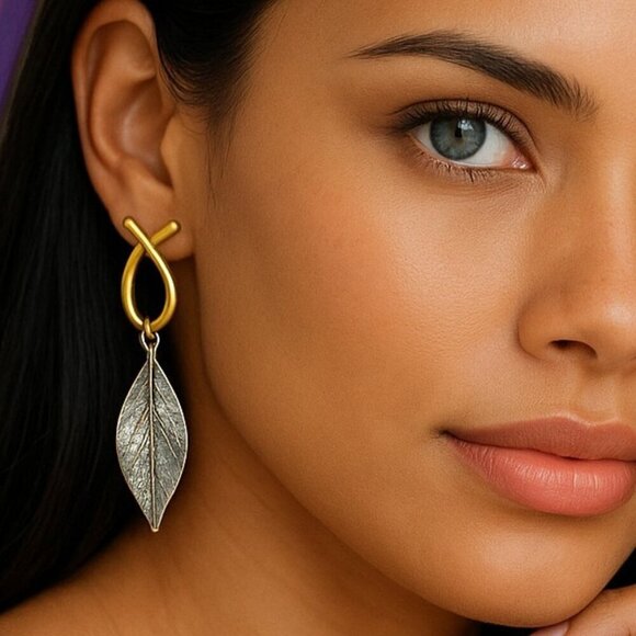 🆕Turkish Handmade 18K Gold Leaf Dangle Earrings Boho Chic Artisan Jewelry - Picture 3 of 11